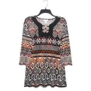 Christopher‎ Banks Top Women Black Multi 3/4 Sleeve Geo Print Tunic Work
